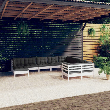 Set mobilier grădină cu perne, 10 piese, alb, lemn de pin - Img 1