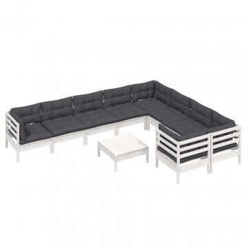 Set mobilier grădină cu perne, 10 piese, alb, lemn de pin - Img 3