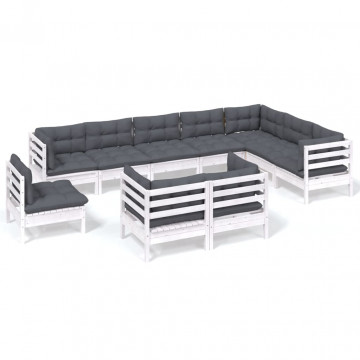 Set mobilier grădină cu perne, 10 piese, alb, lemn masiv de pin - Img 2