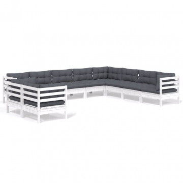 Set mobilier grădină cu perne, 10 piese, alb, lemn masiv de pin - Img 2