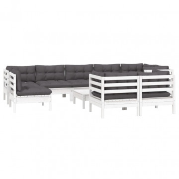Set mobilier grădină cu perne, 10 piese, alb, lemn masiv pin - Img 3