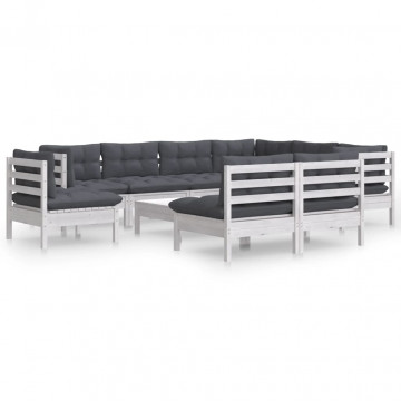 Set mobilier grădină cu perne, 10 piese, alb, lemn masiv pin - Img 2