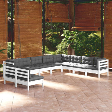 Set mobilier grădină cu perne, 10 piese, alb, lemn masiv pin - Img 1