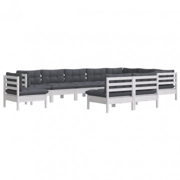 Set mobilier grădină cu perne, 10 piese, alb, lemn masiv pin - Img 3