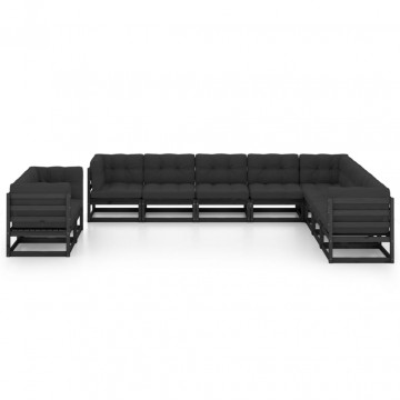 Set mobilier grădină cu perne, 10 piese, negru, lemn masiv pin - Img 2