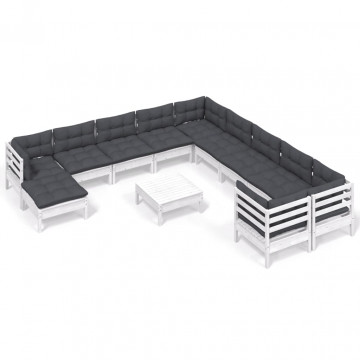 Set mobilier grădină cu perne, 12 piese, alb, lemn de pin - Img 2