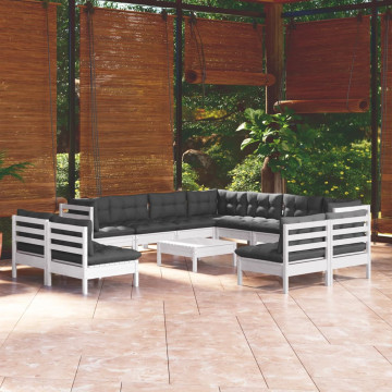 Set mobilier grădină cu perne, 12 piese, alb, lemn masiv pin - Img 1