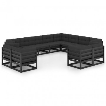Set mobilier grădină cu perne, 12 piese, negru, lemn masiv pin - Img 2
