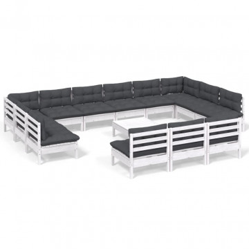 Set mobilier grădină cu perne, 14 piese, alb, lemn masiv pin - Img 2