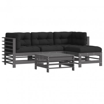 Set mobilier grădină cu perne, 5 piese, gri, lemn masiv - Img 2