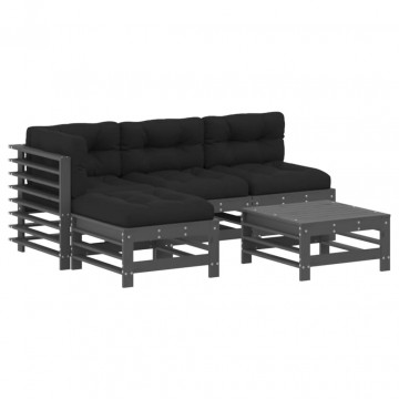 Set mobilier grădină cu perne, 5 piese, gri, lemn masiv - Img 2
