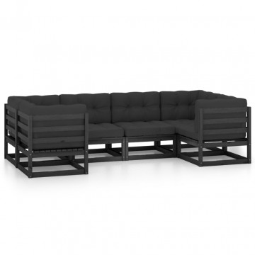 Set mobilier grădină cu perne, 6 piese, negru, lemn masiv pin - Img 2
