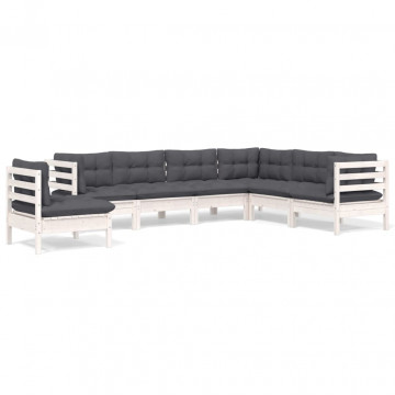 Set mobilier grădină cu perne, 7 piese, alb, lemn masiv de pin - Img 2