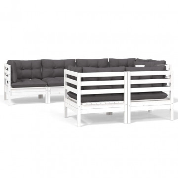 Set mobilier grădină cu perne, 7 piese, alb, lemn masiv de pin - Img 2