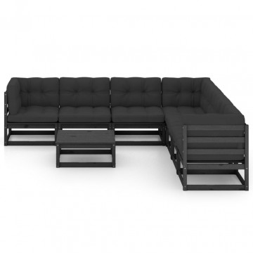 Set mobilier grădină cu perne, 8 piese, negru, lemn masiv pin - Img 2