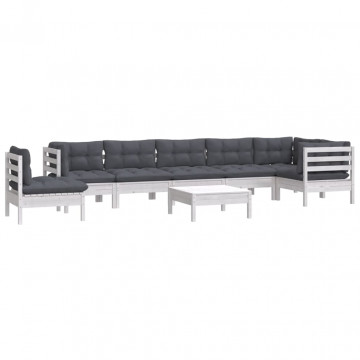 Set mobilier grădină cu perne, 9 piese, alb, lemn masiv pin - Img 3
