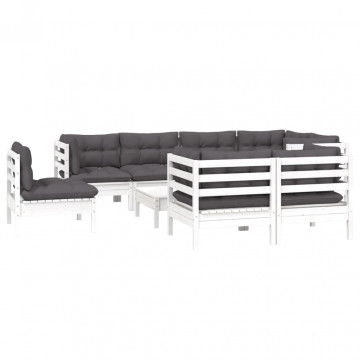 Set mobilier grădină cu perne, 9 piese, alb, lemn masiv pin - Img 3