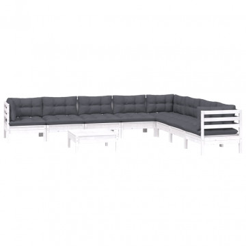 Set mobilier grădină cu perne, 9 piese, alb, lemn masiv pin - Img 3