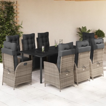 Set mobilier grădină cu perne, 9 piese, gri, poliratan - Img 1