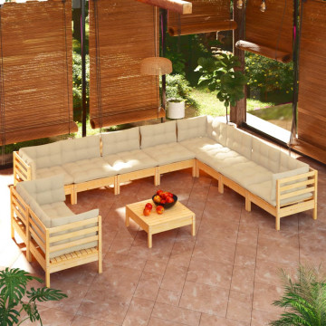 Set mobilier grădină cu perne crem, 11 piese, lemn masiv de pin - Img 1