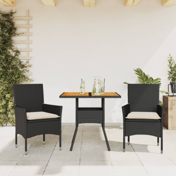 Set mobilier grădină perne 3 piese negru poliratan/lemn acacia - Img 1