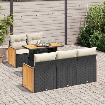 Set mobilier grădină perne 6 piese negru poliratan/lemn acacia - Img 1
