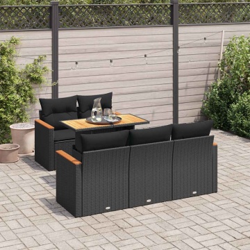 Set mobilier grădină perne 6 piese negru poliratan/lemn acacia - Img 1