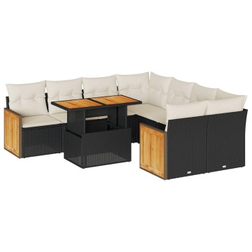 Set mobilier grădină perne 9 piese negru poliratan/lemn acacia - Img 2