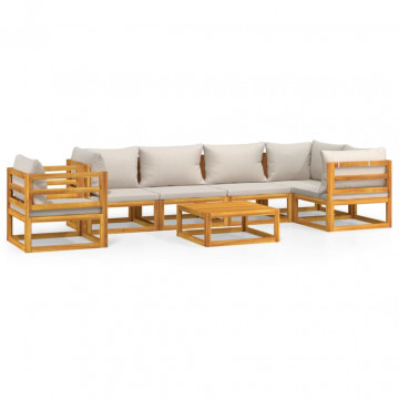 Set mobilier grădină, perne gri deschis, 7 piese, lemn masiv - Img 2