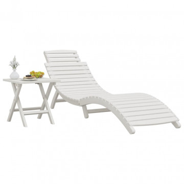 Șezlong de plajă cu masă, alb, lemn masiv de acacia - Img 3