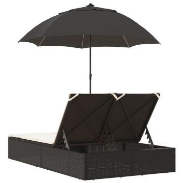 Șezlong dublu cu perne/umbrelă de soare, negru, poliratan - Img 5