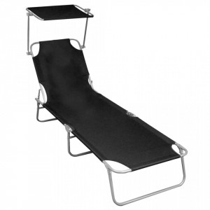 Șezlong pliabil cu copertină, negru, aluminiu - Img 1
