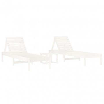 Șezlonguri de plajă cu masă, 2 buc, alb, lemn masiv de pin - Img 2