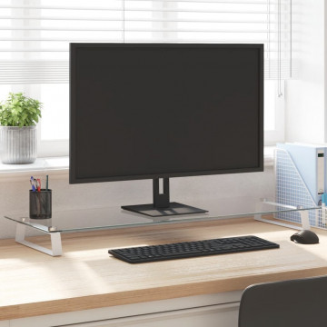 Suport de monitor, alb, 100x35x8 cm, sticlă securizată și metal - Img 1