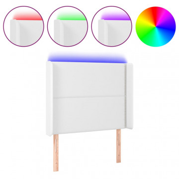 Tăblie de pat cu LED, alb, 103x16x118/128 cm, piele ecologică - Img 2