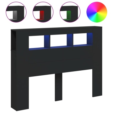 Tăblie de pat cu LED, negru, 140x18,5x103,5 cm, lemn - Img 2