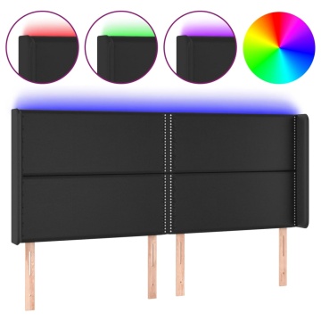 Tăblie de pat cu LED, negru, 203x16x118/128 cm, piele ecologică - Img 2