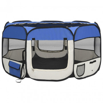 Țarc câini pliabil cu sac de transport, albastru, 125x125x61 cm - Img 2