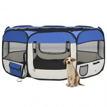 Țarc câini pliabil cu sac de transport, albastru, 145x145x61 cm - Img 1