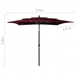 Umbrelă de soare 3 niveluri stâlp aluminiu roșu bordo 2,5x2,5 m - Img 7