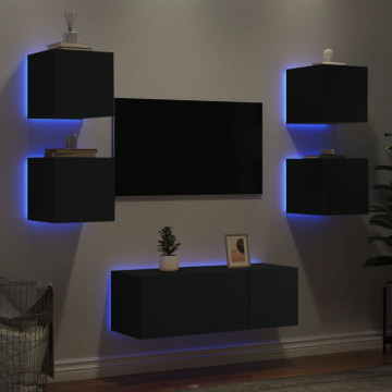 Unități de perete TV cu LED-uri, 6 piese, negru, lemn prelucrat - Img 4