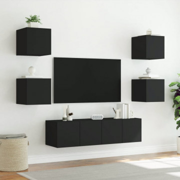 Unități de perete TV cu LED-uri, 6 piese, negru, lemn prelucrat - Img 8