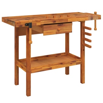 Banc de lucru cu sertar și menghine, 124x52x83 cm, lemn acacia - Img 2
