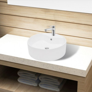 Bazin chiuvetă ceramică baie cu gaură robinet/preaplin, rotund, alb - Img 1