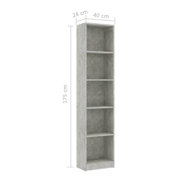 Bibliotecă cu 5 rafturi, gri, 40 x 24 x 175 cm, PAL - Img 9