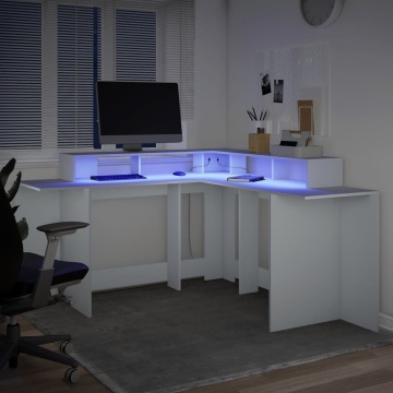 Birou cu lumini LED, alb, 152x152x91 cm, lemn prelucrat - Img 8