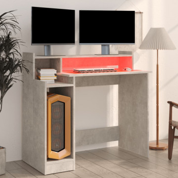 Birou cu lumini LED, gri beton, 97x90x45 cm, lemn compozit - Img 4
