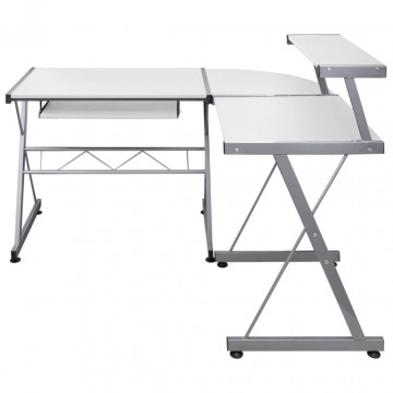 Birou de computer colțar, alb, 132x112x99 cm, lemn prelucrat - Img 2