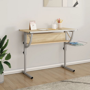 Birou stejar sonoma & gri 110x53x(58-87) cm lemn prelucrat&oțel - Img 1