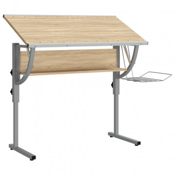 Birou stejar sonoma & gri 110x53x(58-87) cm lemn prelucrat&oțel - Img 8
